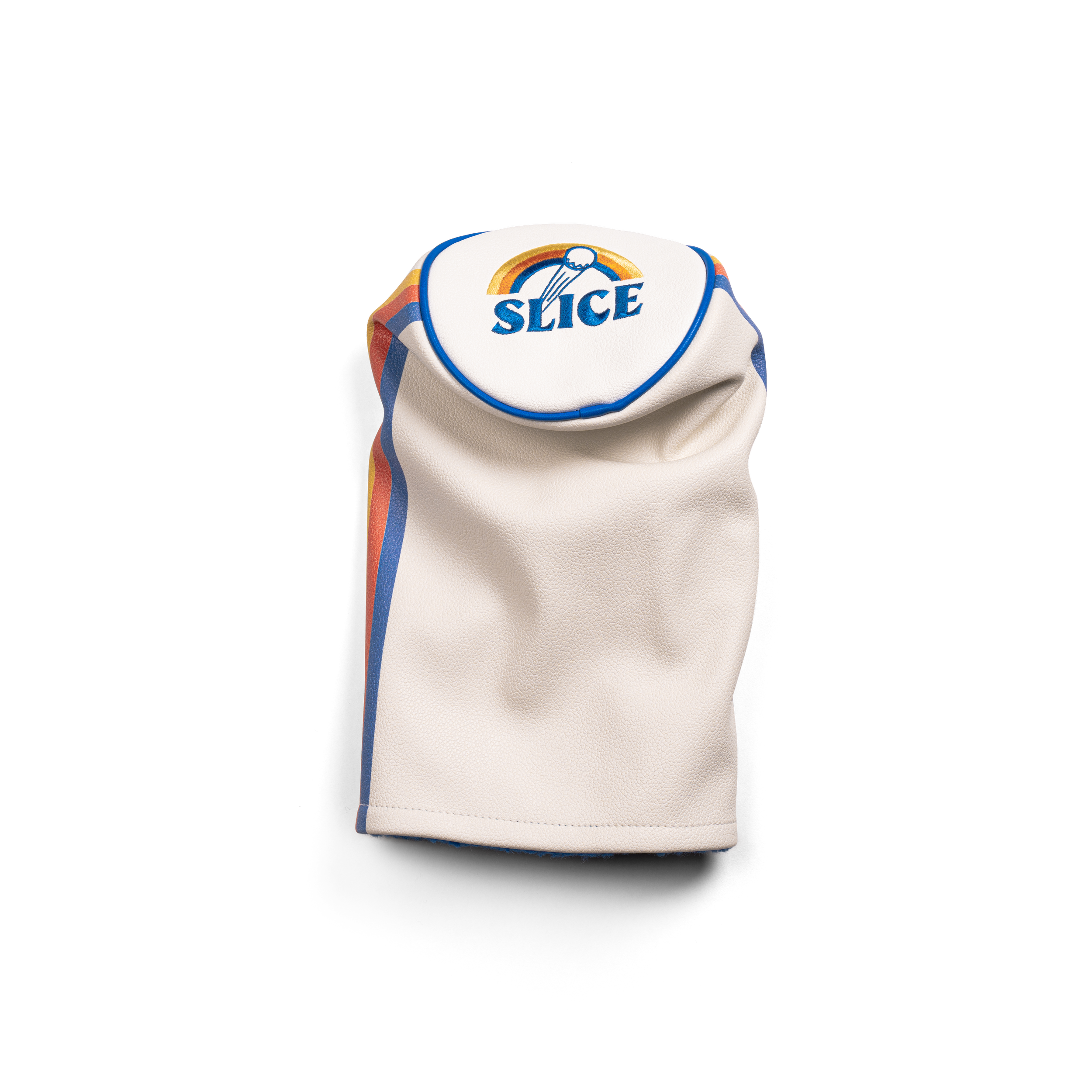 Golf Driver Head Cover in cream with blue, orange and yellow details.