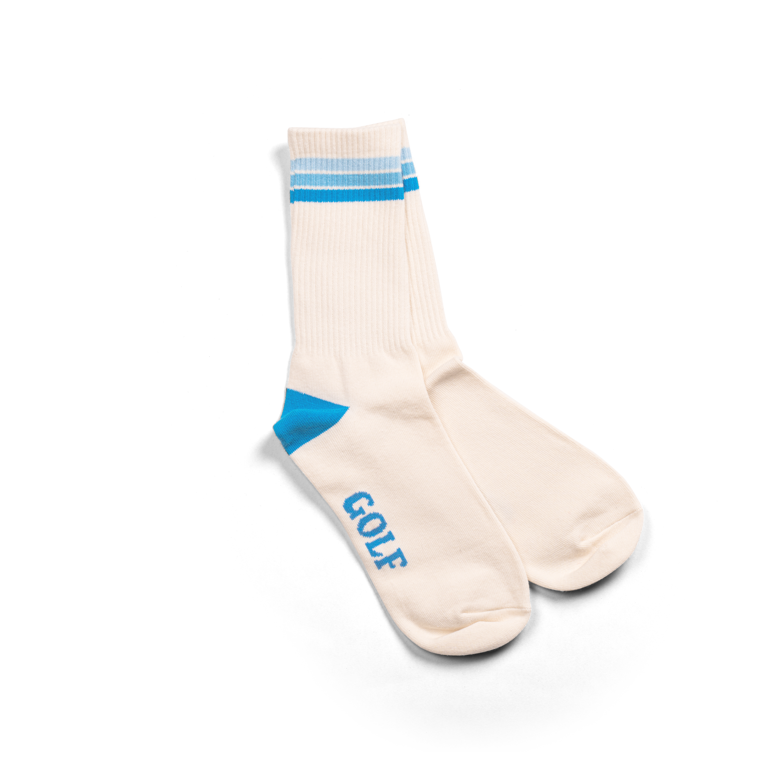 Golf sports socks in white with blue stripes.