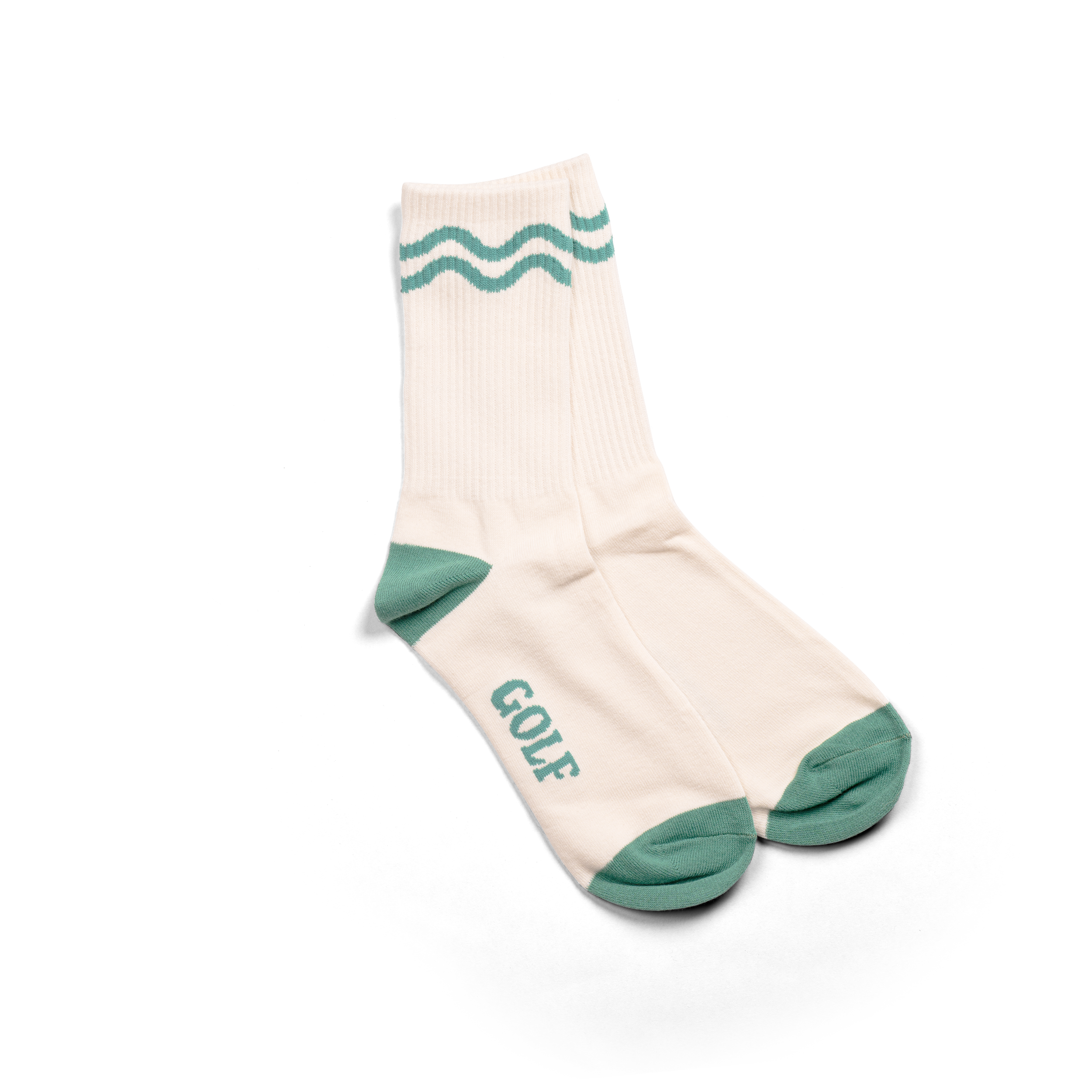 Golf sports socks in off-white and green with green wavy lines.
