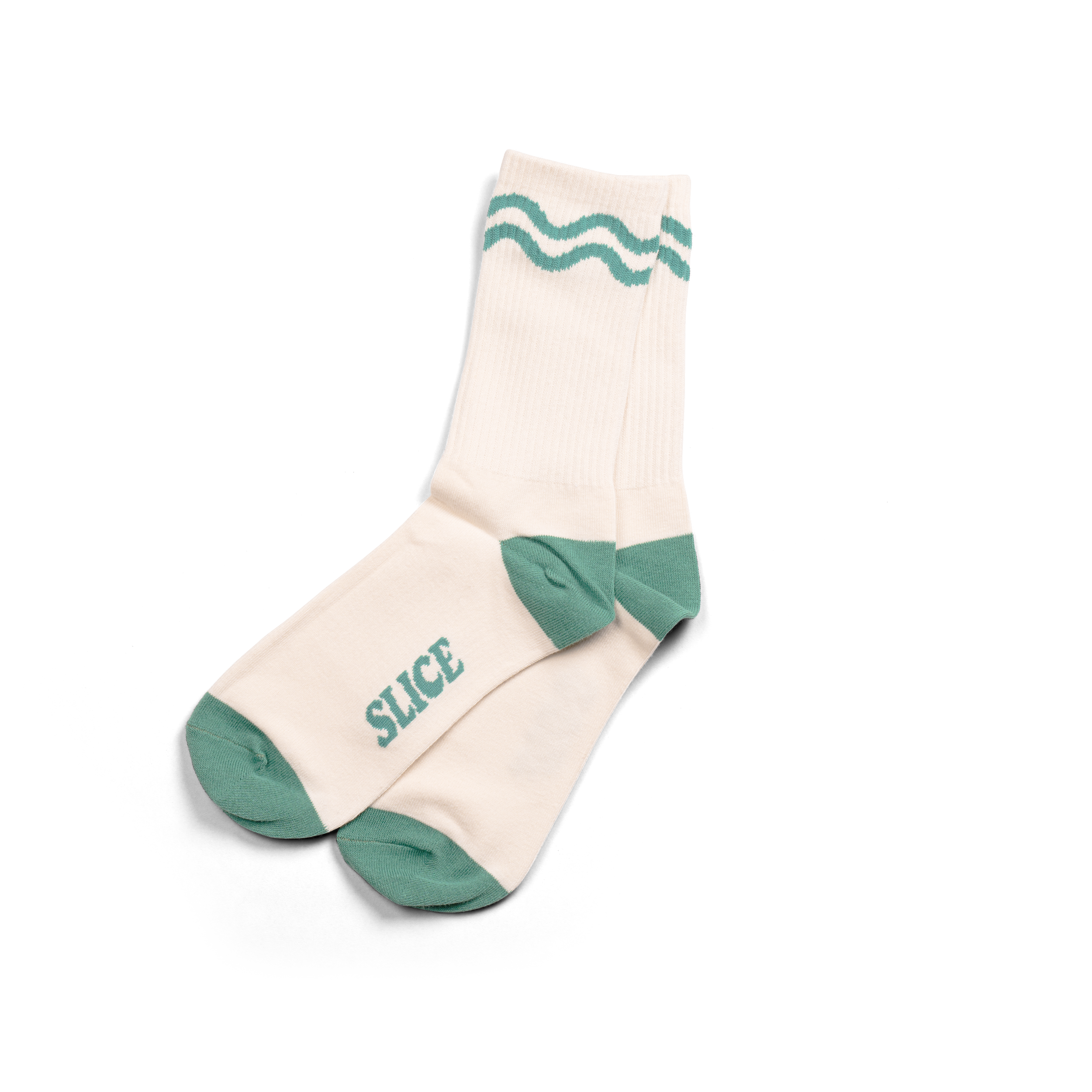 Golf sports socks in off-white and green with green wavy lines.