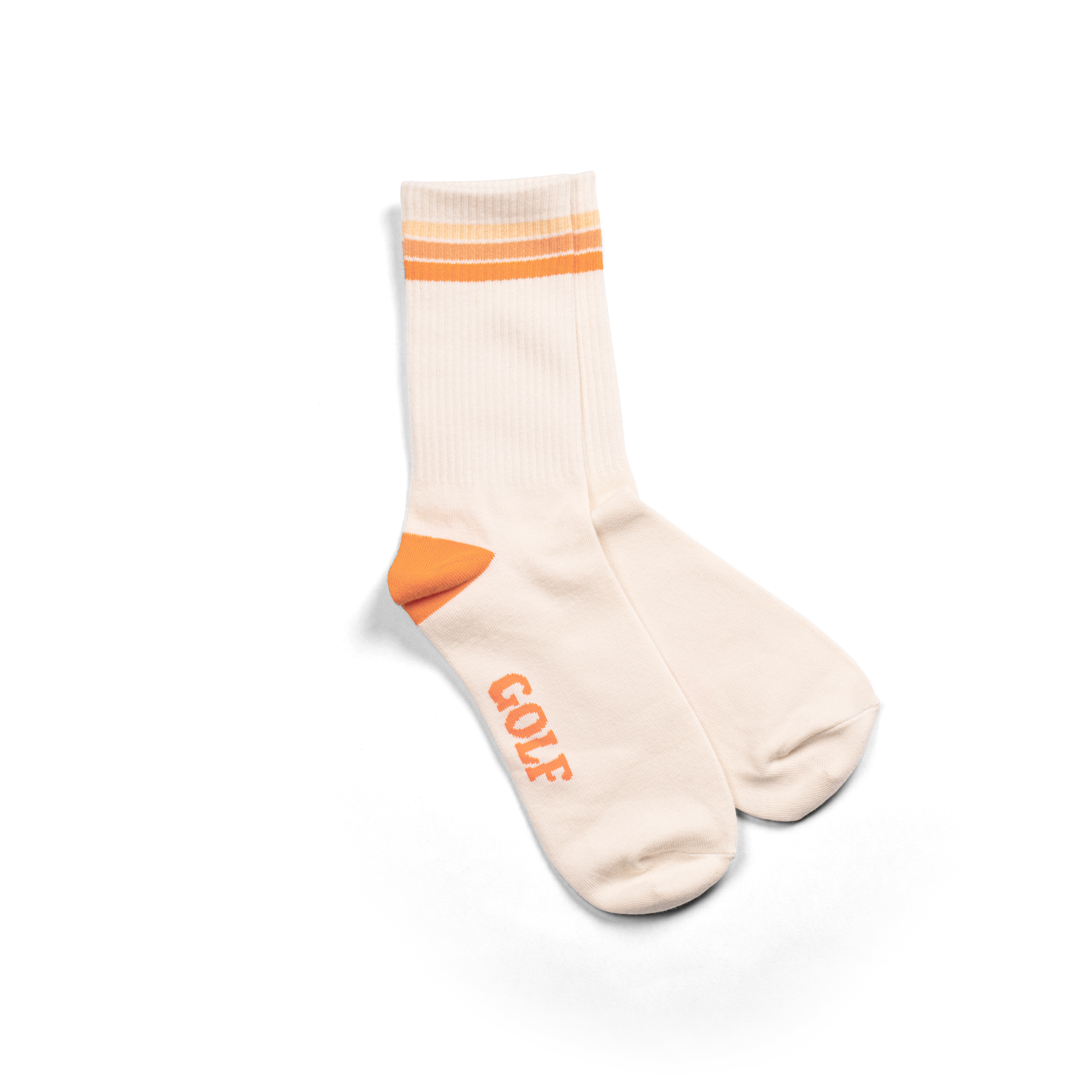 Golf sports socks in white with orange stripes.