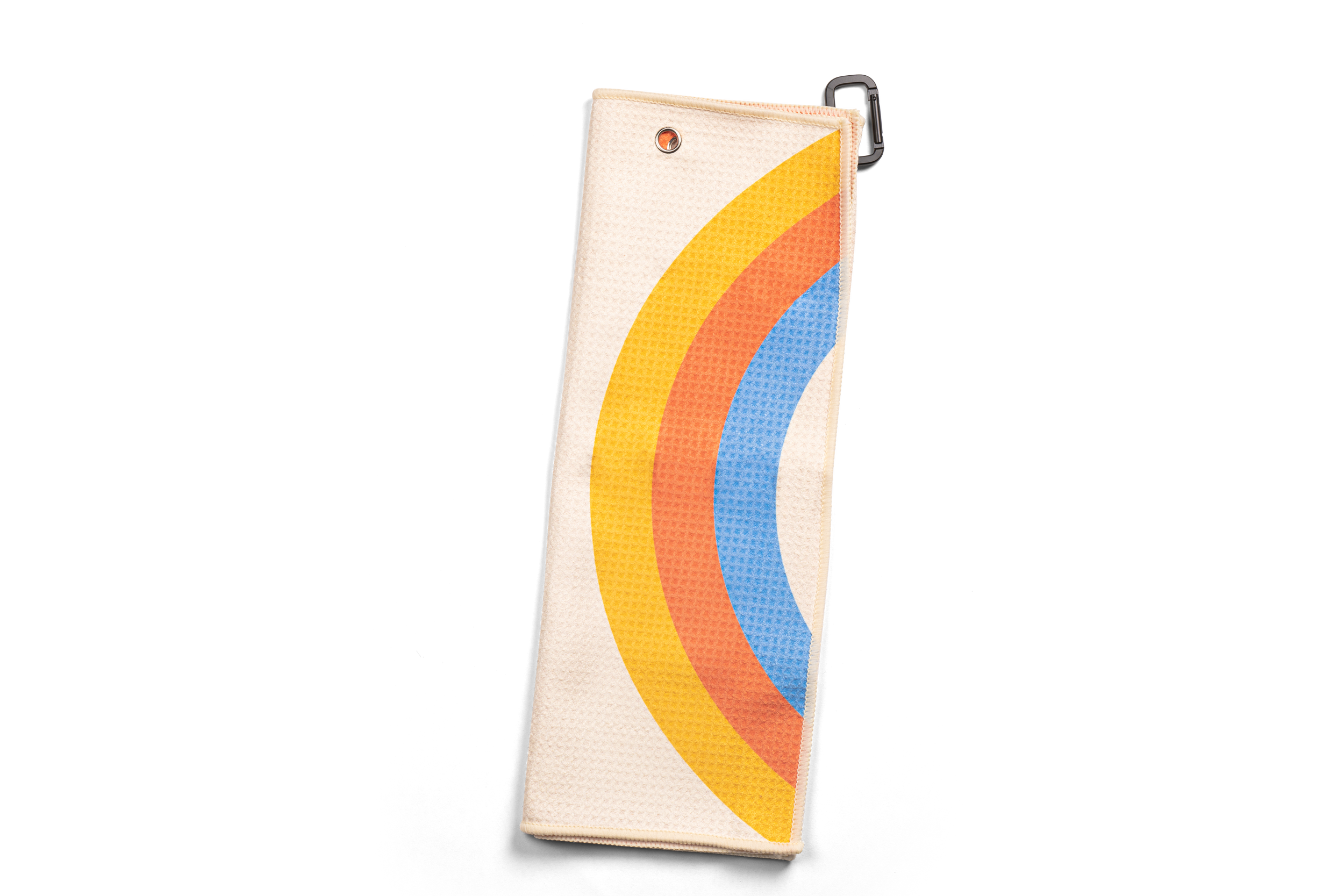 Golf towel in off-white, blue, orange and yellow.
