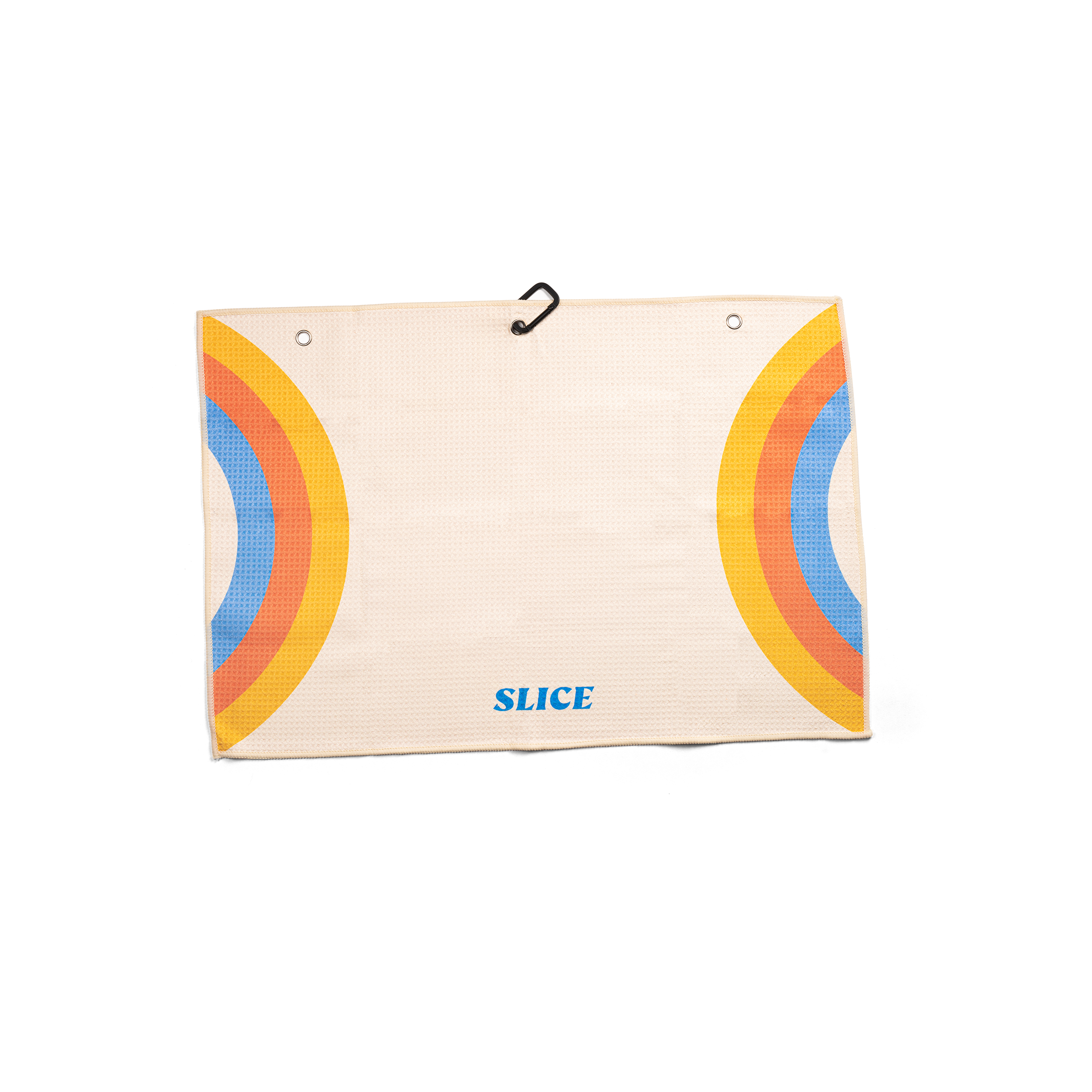 Golf towel in off-white, blue, orange and yellow