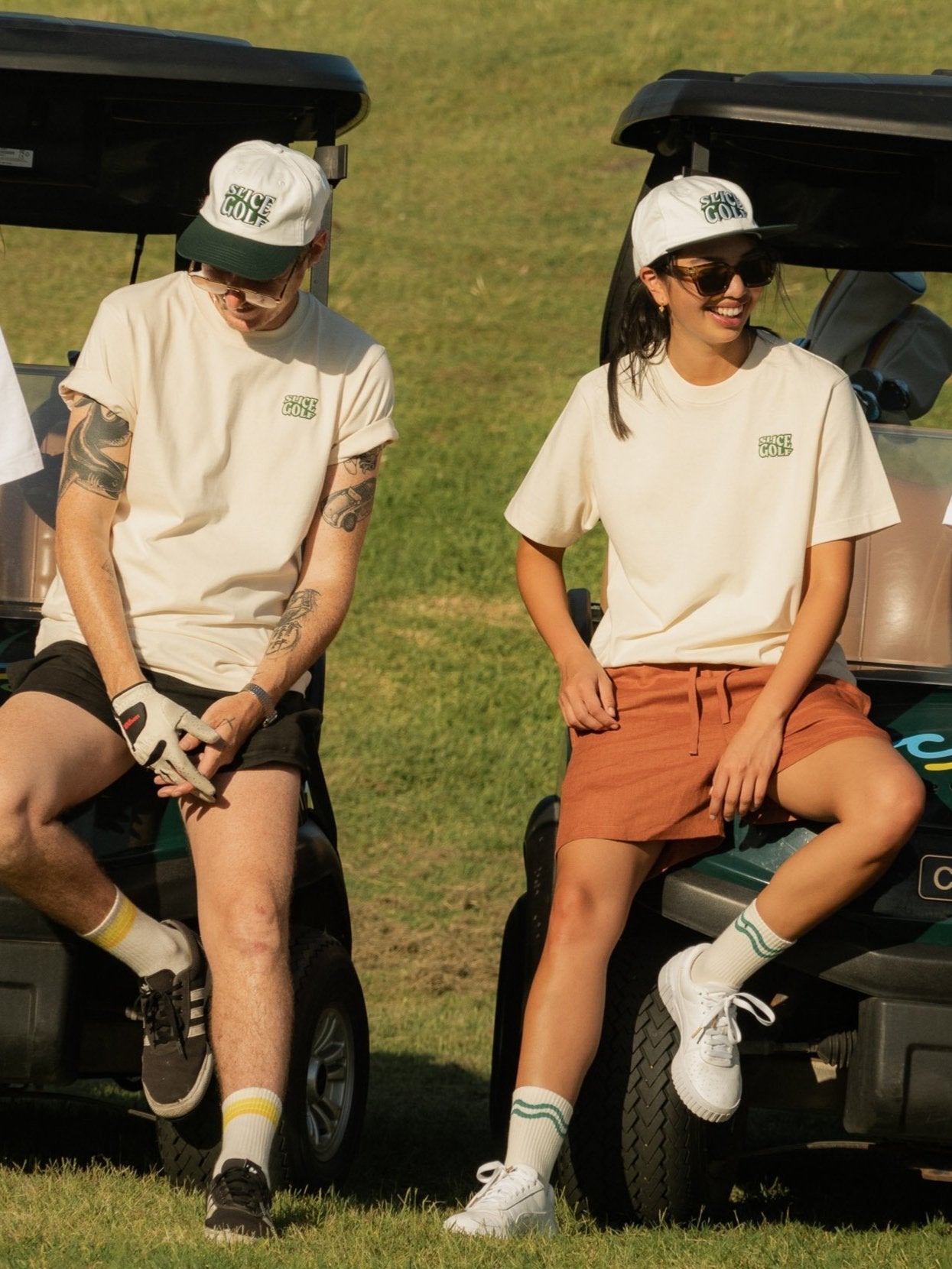 Golf T-shirt in off-white with Slice Golf Logo on left chest shown own male and female models