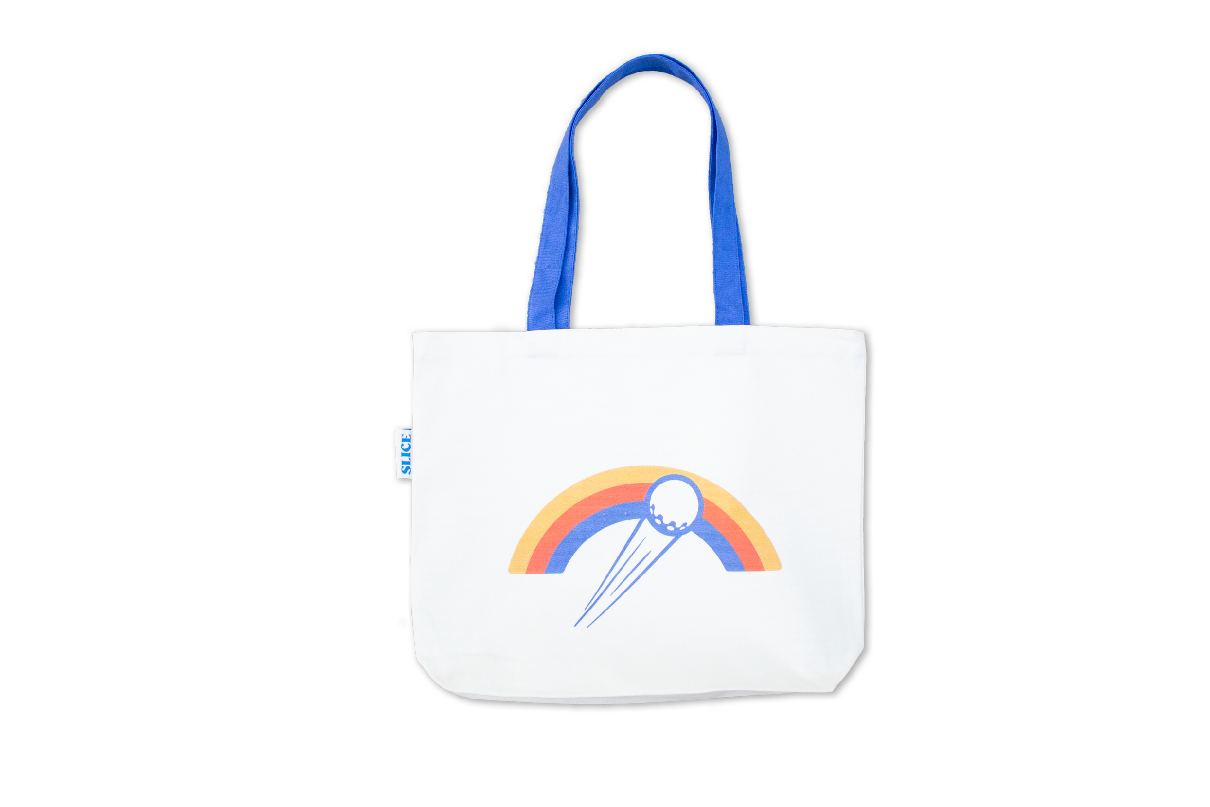 Organic cotton tote back in off-white with Slice Golf rainbow logo and blue handle.