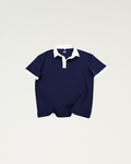 Navy blue polo shirt with white collar on a light gray background