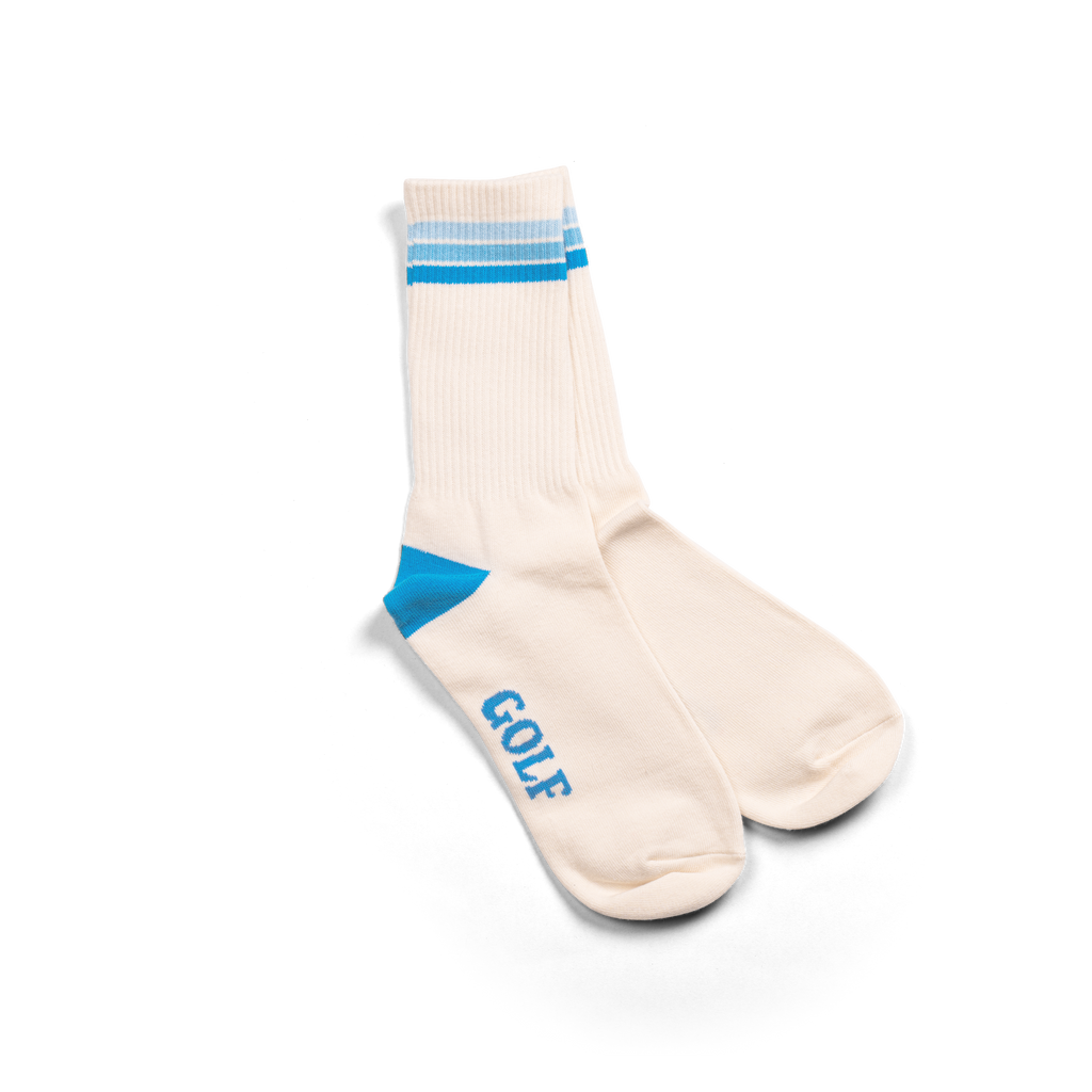 Golf sports socks in white with blue stripes.