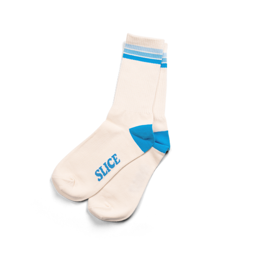 Golf sports socks in white with blue stripes.
