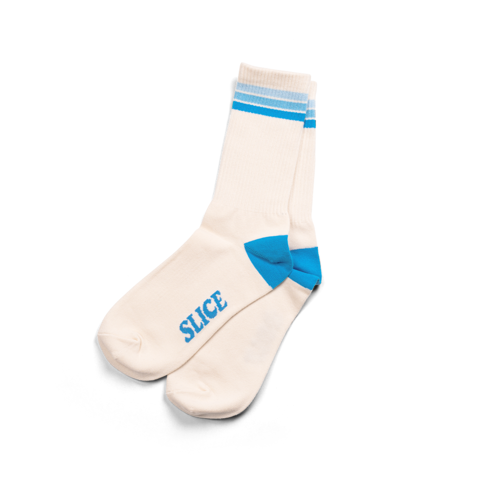 Golf sports socks in white with blue stripes.