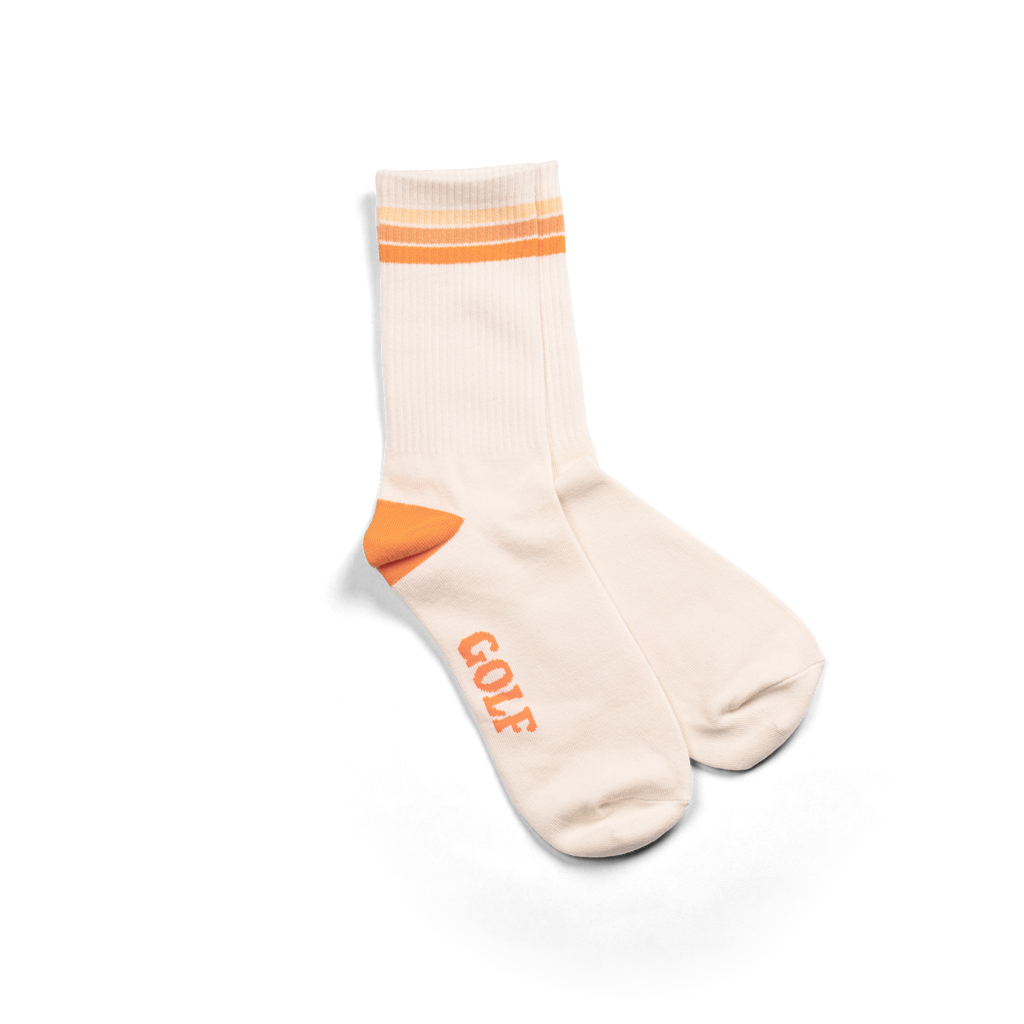 Golf sports socks in white with orange stripes.