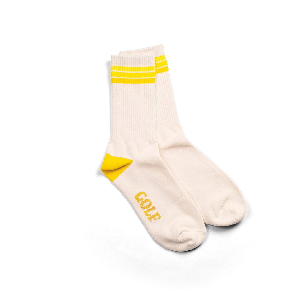 Golf sports socks in white with yellow stripes.