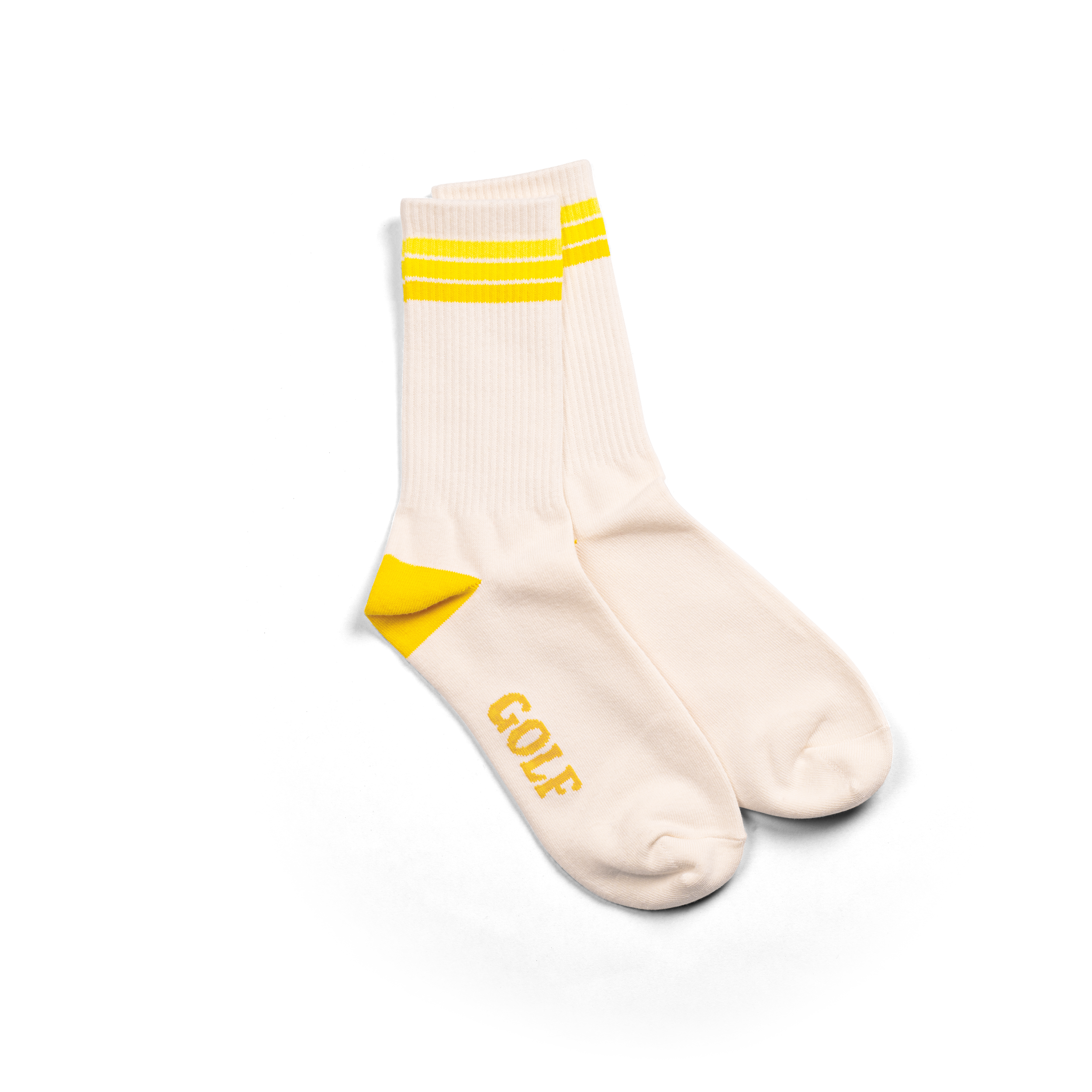 Golf sports socks in white with yellow stripes.