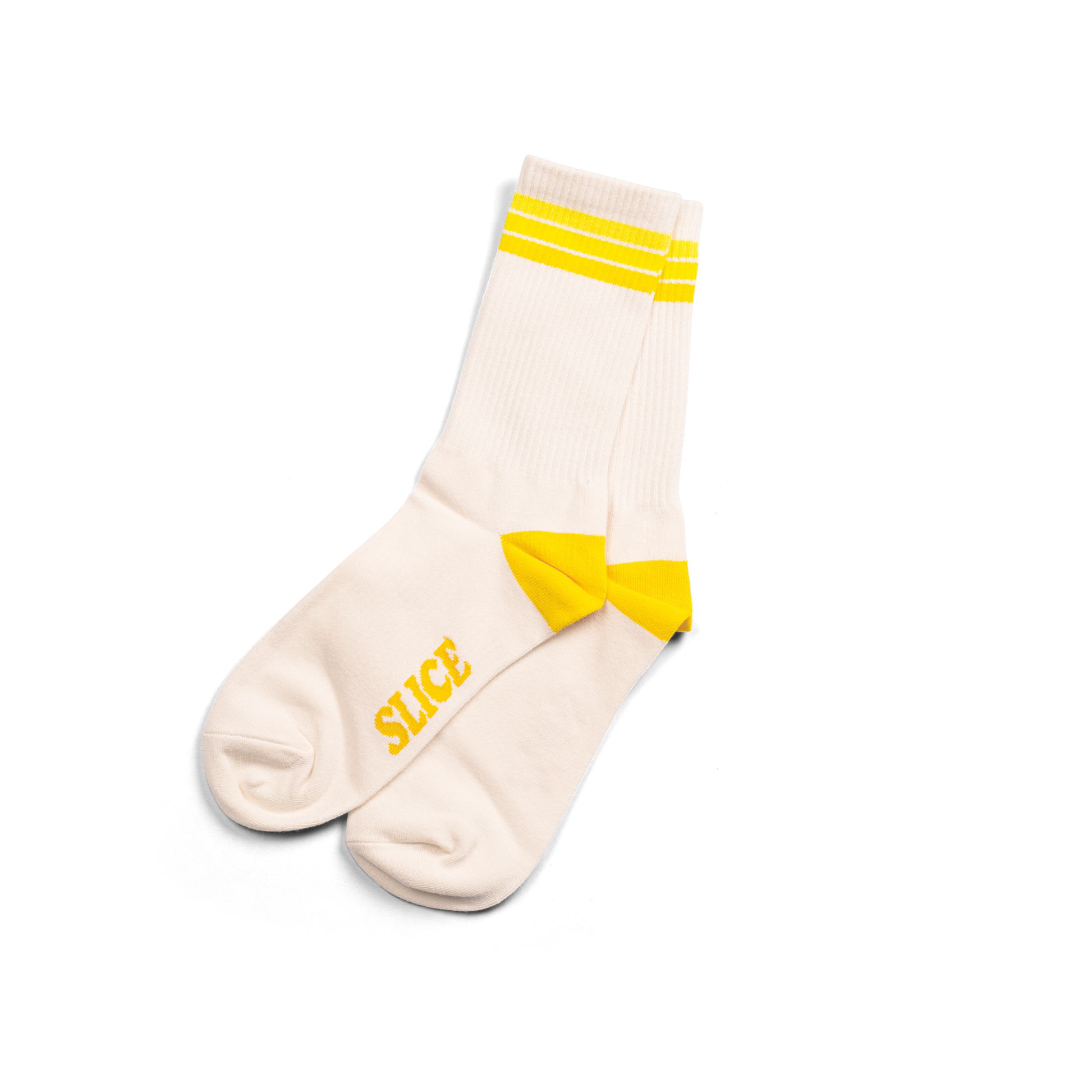 Golf sports socks in white with yellow stripes.