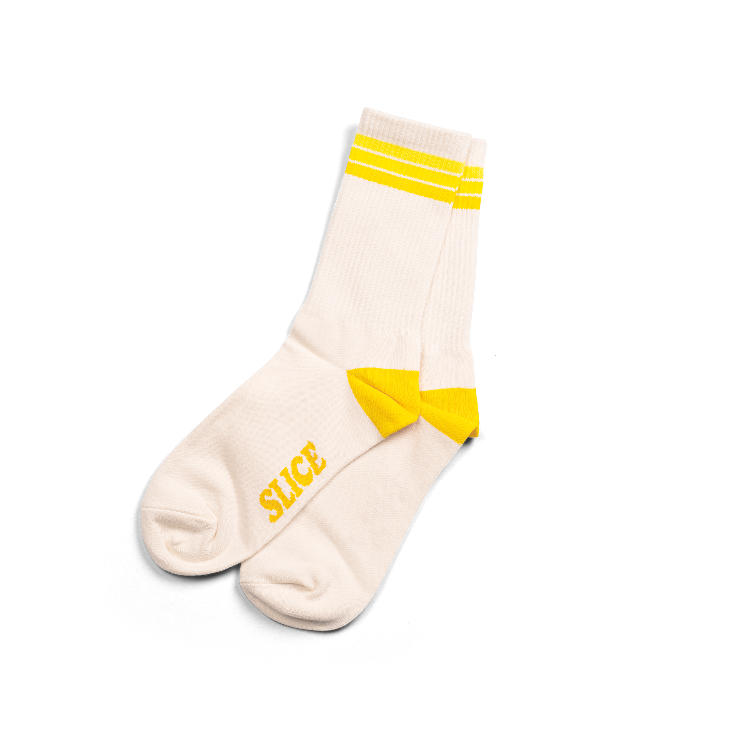 Golf sports socks in white with yellow stripes.