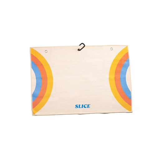 Golf towel in off-white, blue, orange and yellow