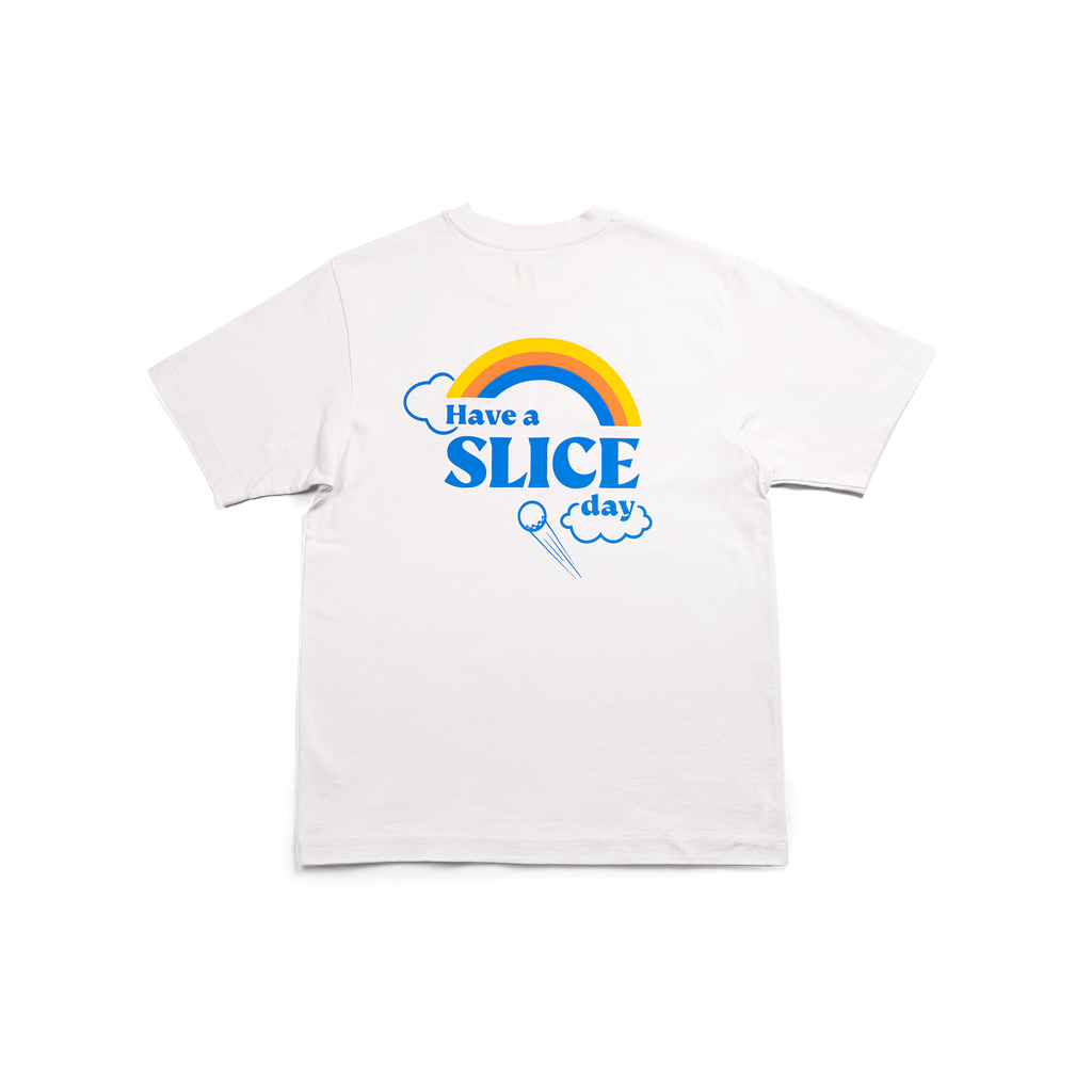 Golf T-shirt in white with Slice Golf Rainbow logo full back print.
