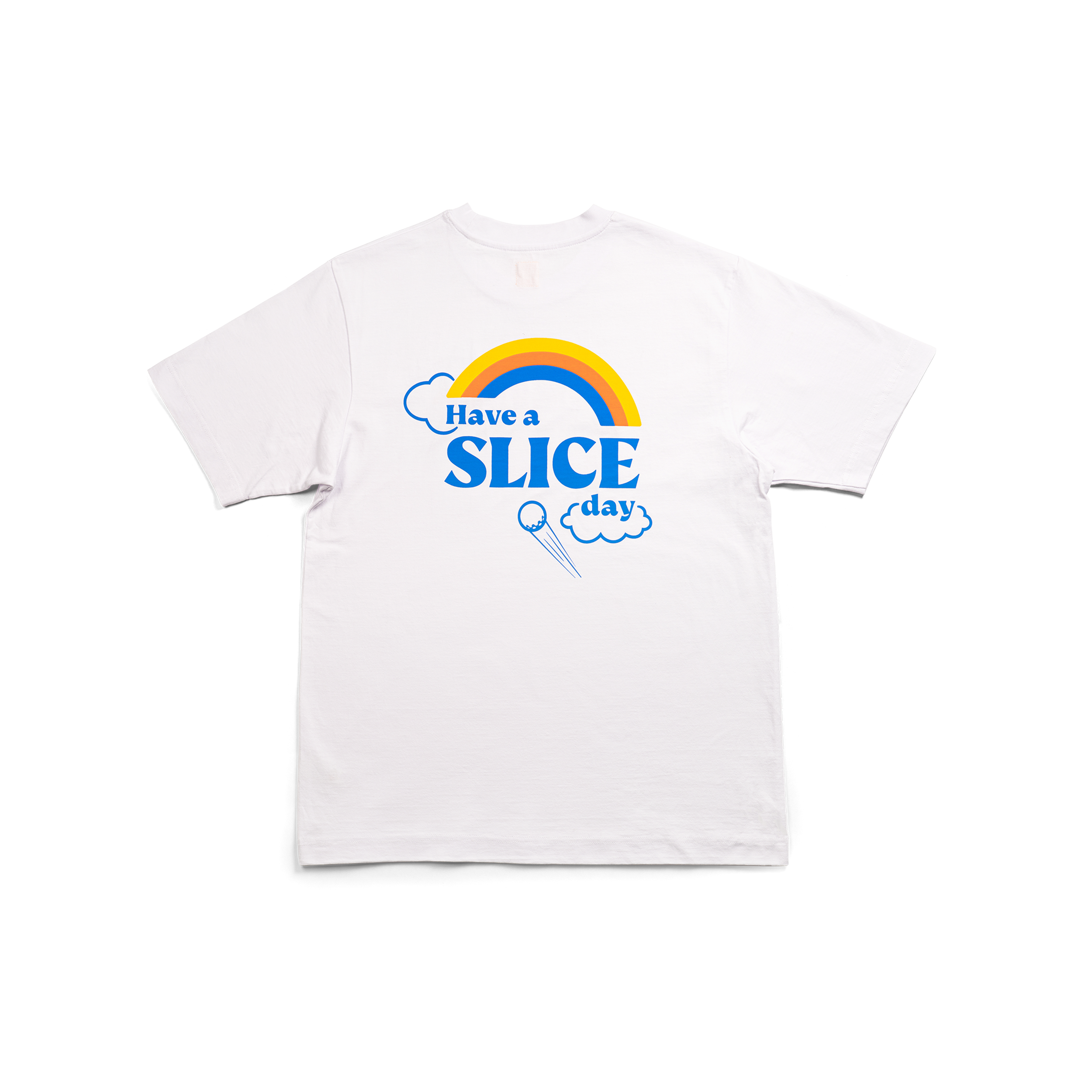 Golf T-shirt in white with Slice Golf Rainbow logo full back print.