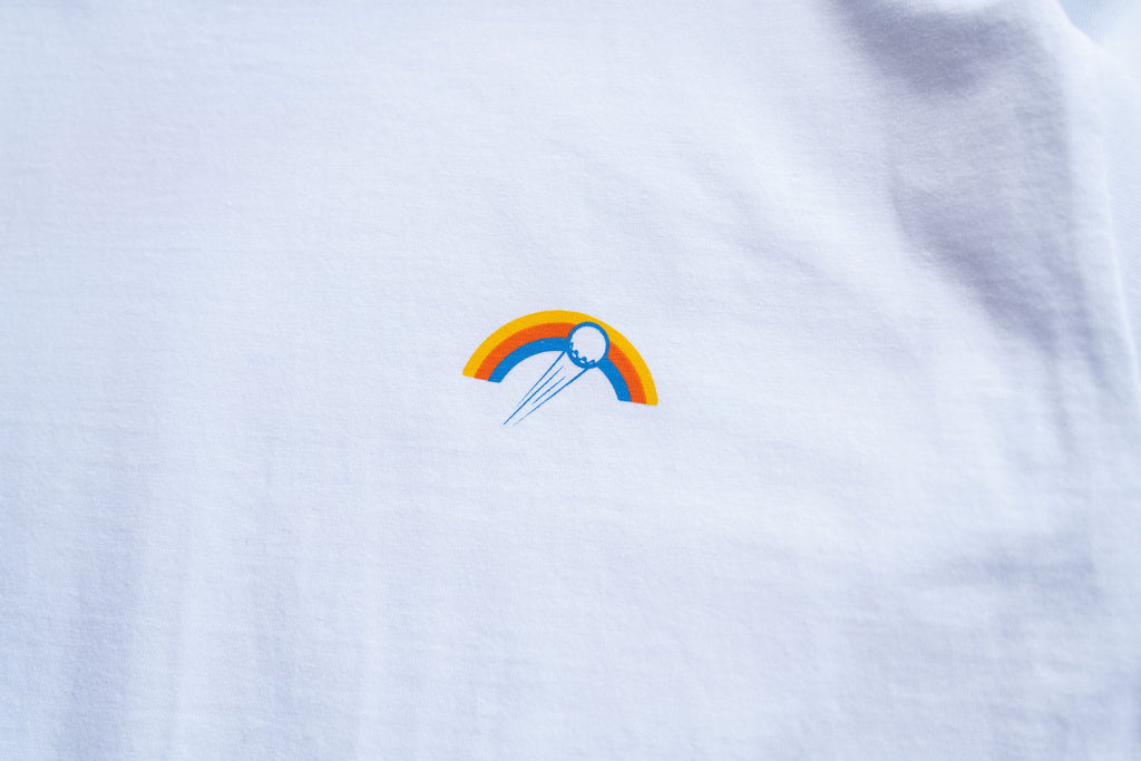 Golf T-shirt in white with Slice Golf Rainbow logo on left chest - front.