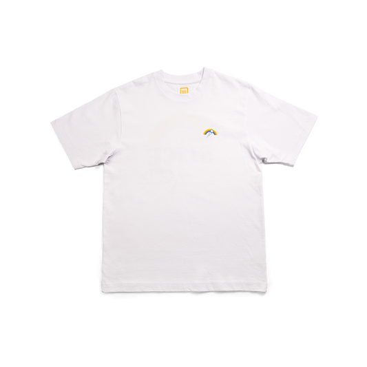 Golf T-shirt in white with Slice Golf Rainbow logo on left chest - front.