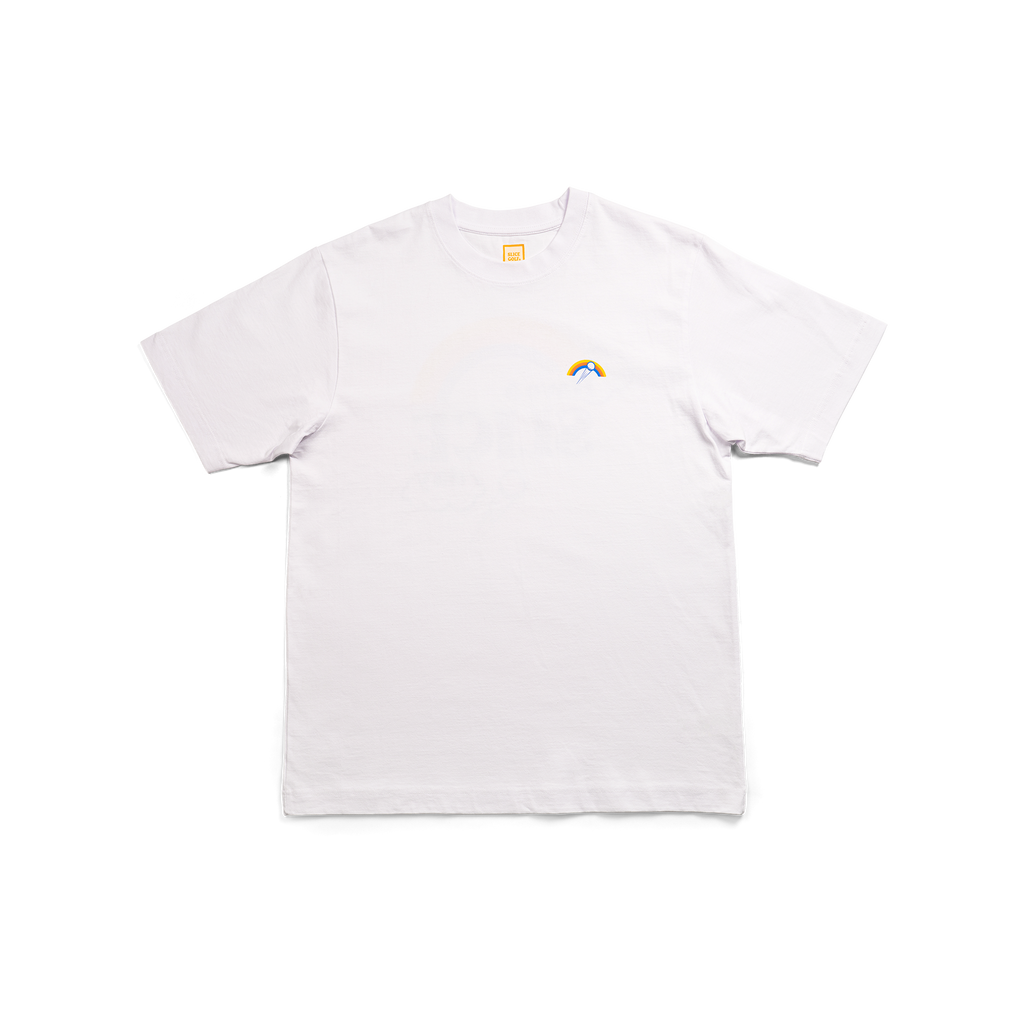 Golf T-shirt in white with Slice Golf Rainbow logo on left chest - front.