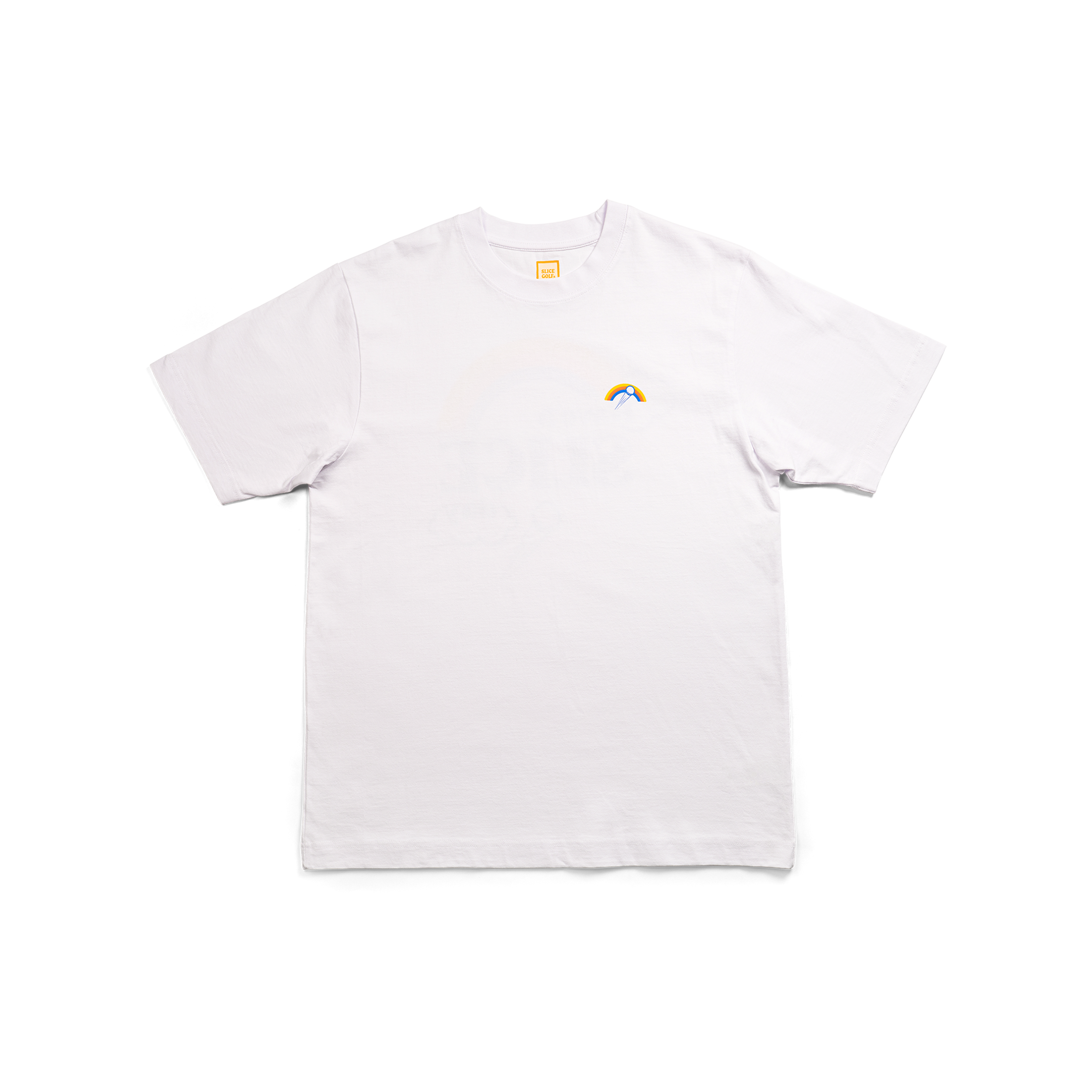 Golf T-shirt in white with Slice Golf Rainbow logo on left chest - front.