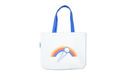 Organic cotton tote back in off-white with Slice Golf rainbow logo and blue handle.
